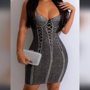Rhinestone glitter mini dress grey